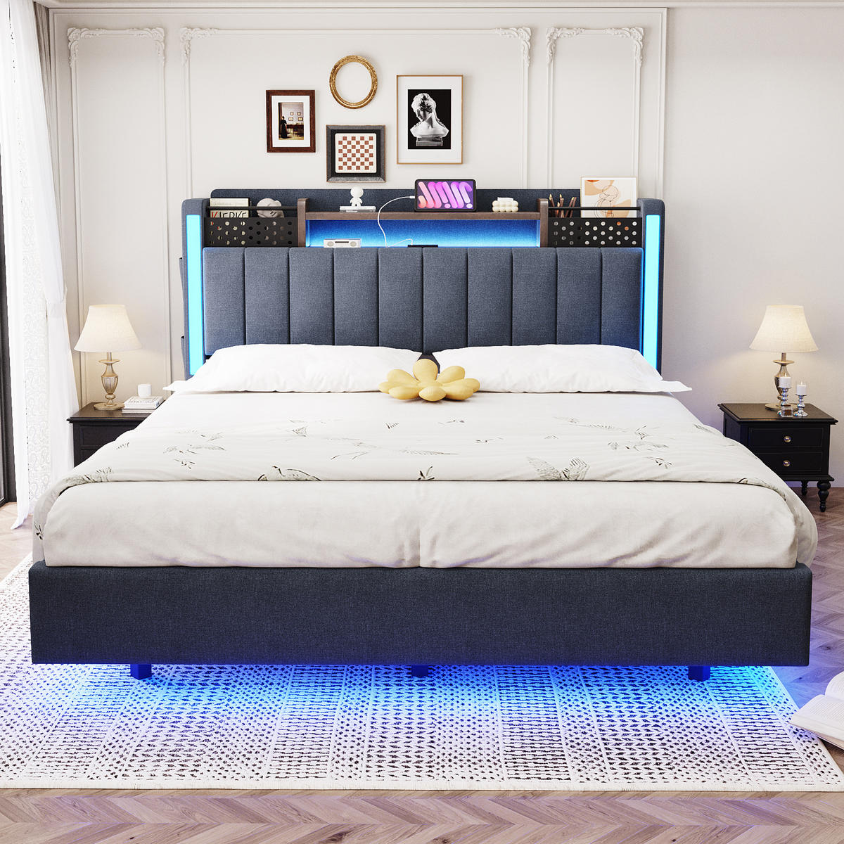 POLSTERBETT 140/200 cm grau aus Leinenstoff mit LED und USB-Anschluss mit Stauraum - Grau, Textil (140/200cm) - OKWISH