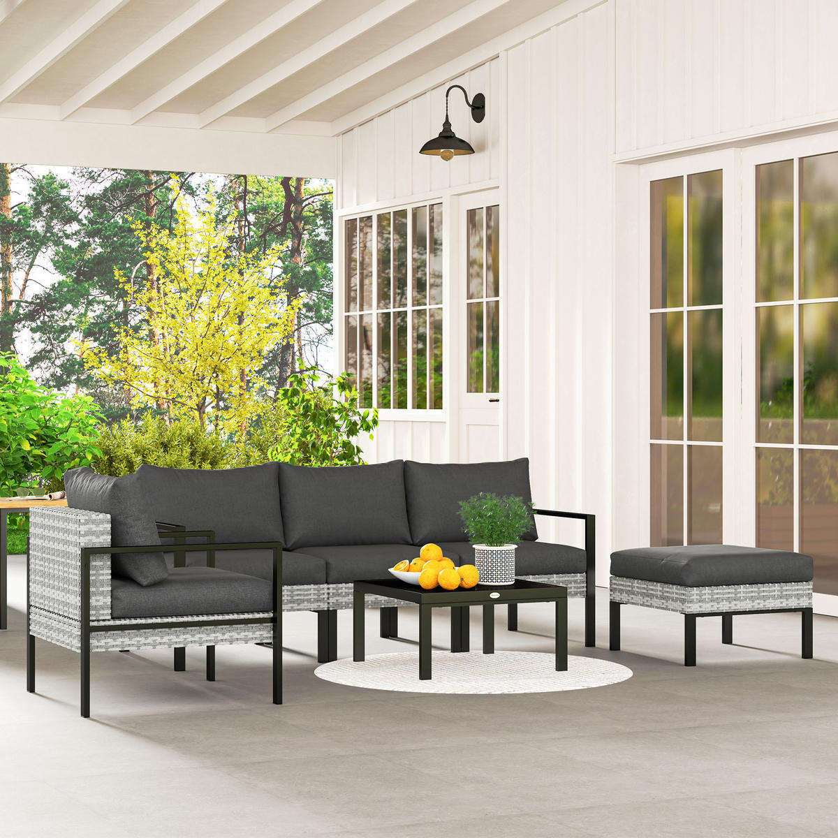 GARTENLOUNGE-SET DE-13619 6-teilig mit Tisch & Hocker Hellgrau - Hellgrau, Kunststoff/Metall - ComfortXL