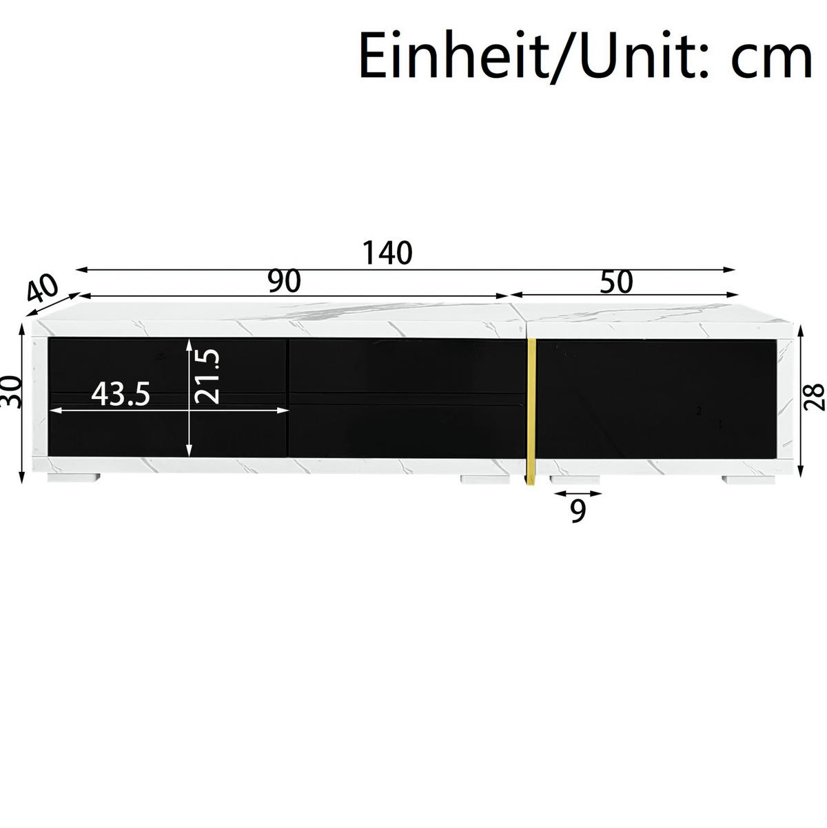 LOWBOARD 140-260 cm in Schwarz und Weißer Marmoroptik, drehbar mit Stauraum - Schwarz, Holzwerkstoff (260/30/40cm) - Flora Grace
