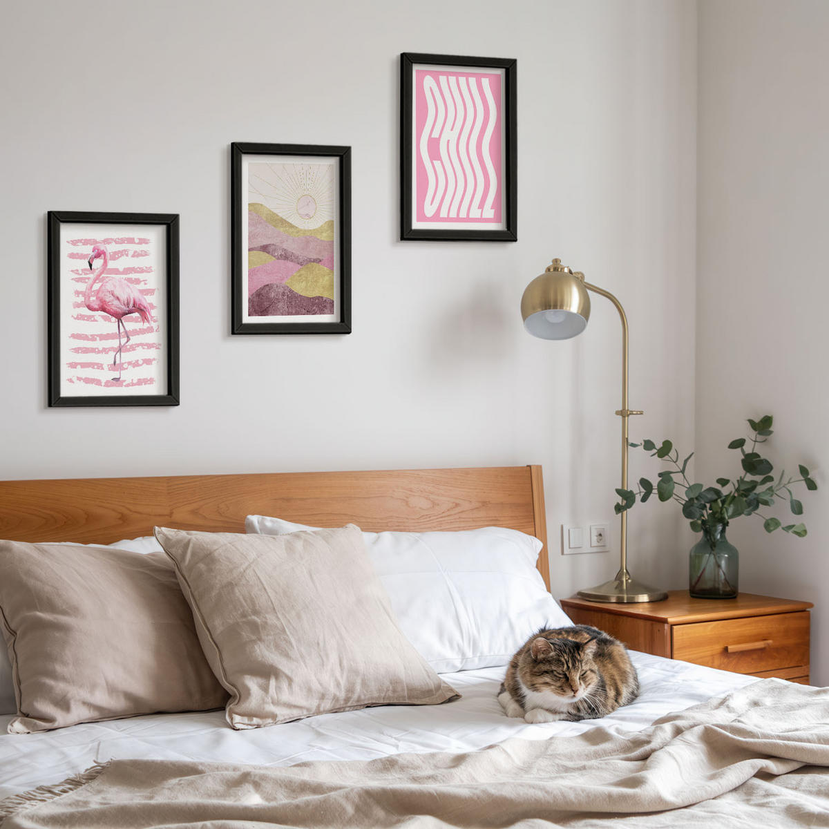 WANDBILDER 3er-Set - 20x30 cm Schwarzer Rahmen - Pastelllandschaft mit rosa Flamingos - Schwarz, Kunststoff (20/30cm) - ArtPrintCave