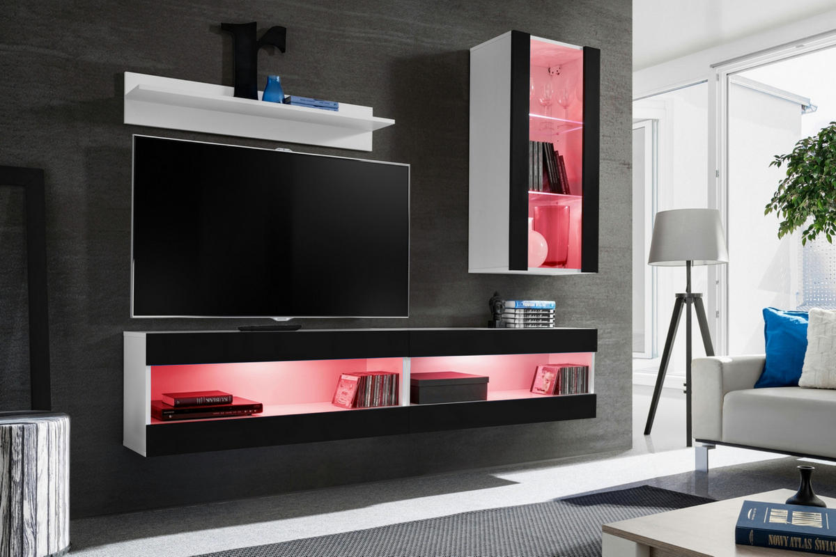 WOHNWAND 4-er Set, TIVOLI SET5 mit mehrfarbige LED RGB Beleuchtung Weiß + Schwarz, Offener Raum - Eiche Wotan/Weiß, Glas/Holzwerkstoff (240/195/35cm) - Komodee