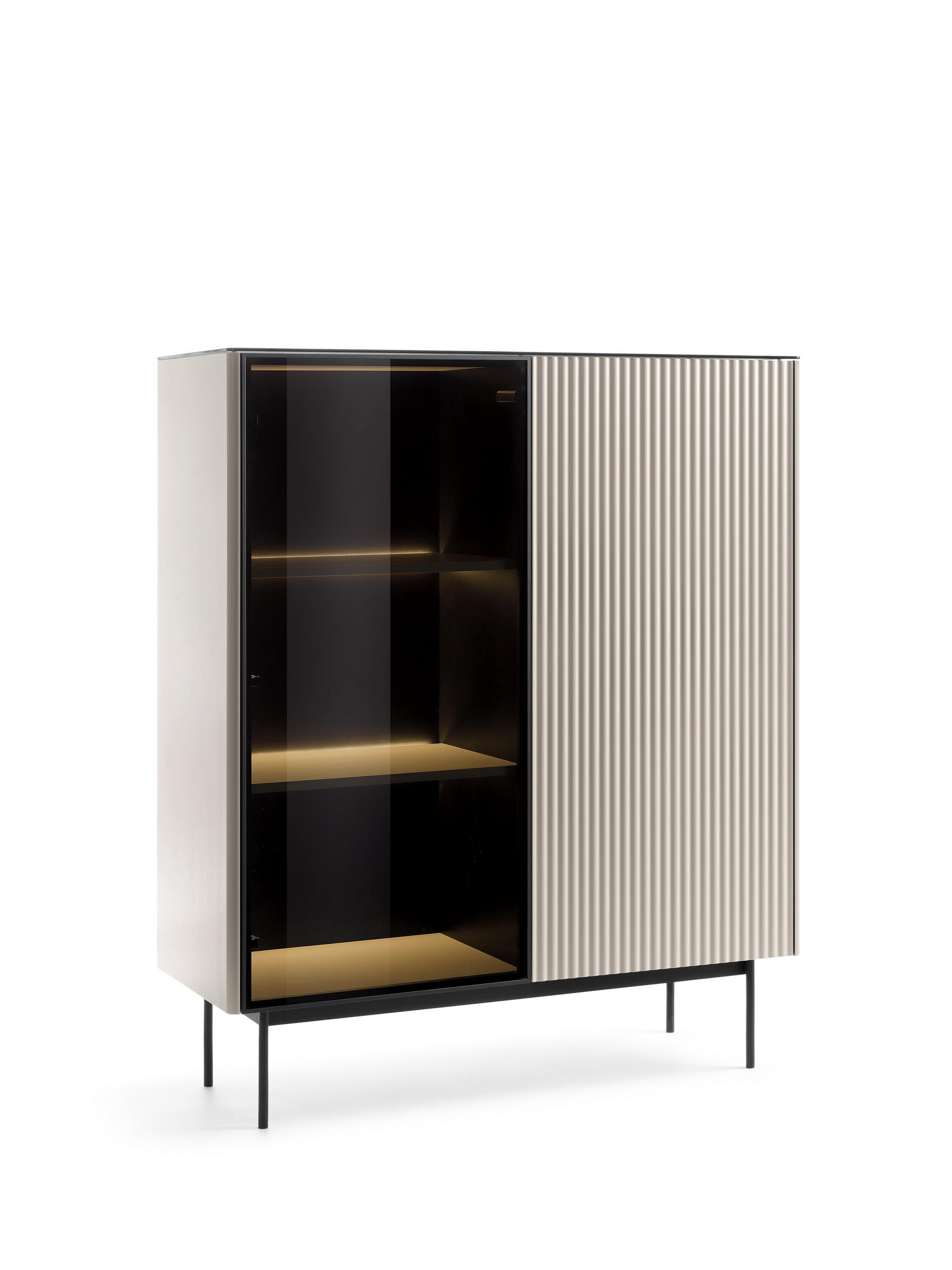 VITRINE Rita Kaschmir, mit LED Beleuchtung und Glasfront - Kaschmir/Schwarz, Holzwerkstoff (107/126/39cm) - Bettso