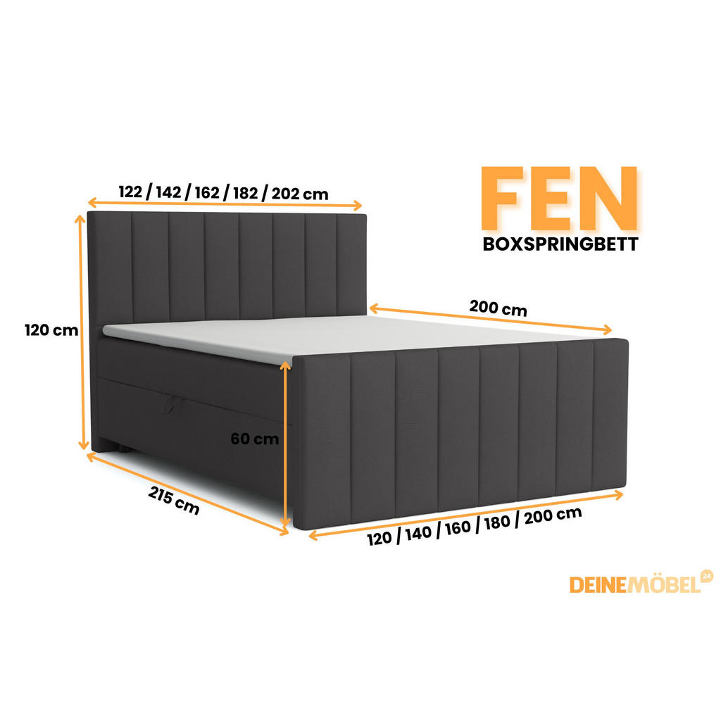 Thumbnail - Deine Möbel 24 Boxbett, Anthrazit, Textil, H4, 200x200 cm, Schlafzimmer, Betten, Boxspringbetten