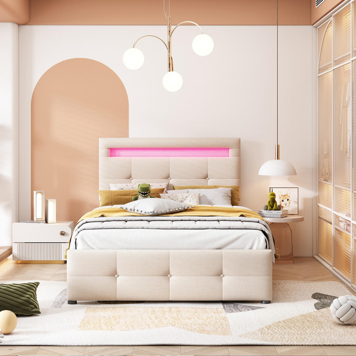 POLSTERBETT 90/200 cm beige aus Holz mit LED und 2 Schubladen - Beige, Holzwerkstoff (90/200cm) - OKWISH