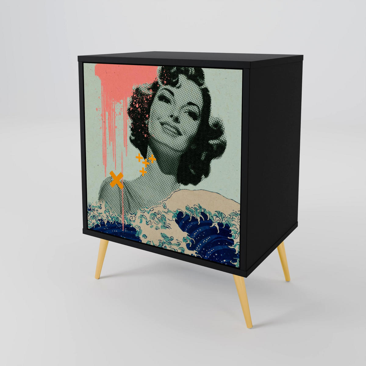 SIDEBOARD KANAGAWA BEAUTY, Schwarz, 57,5x42x72,5 cm, Schwarze Metallfüße - Multicolor/Schwarz, Holzwerkstoff/Metall (57.5/72.5/42cm) - SpaceRebels