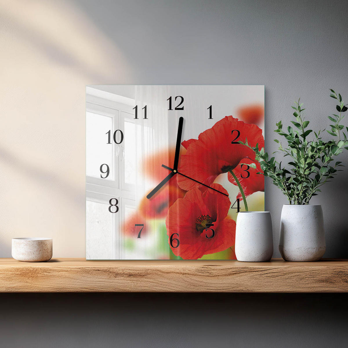 WANDUHR 30x30 cm - Mohnblumen - Rot, Glas (30/30/0.4cm) - TULUP