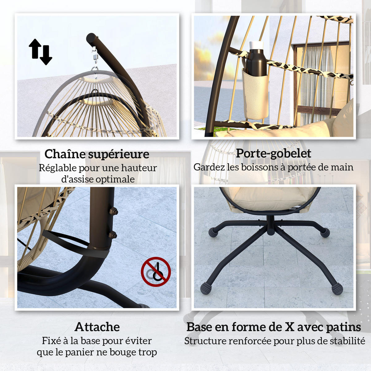 HÄNGESESSEL DE-15286 klappbar mit dickem Kissen und Getränkehalter Beige - Mokka, Metall (88/192/120cm) - ComfortXL