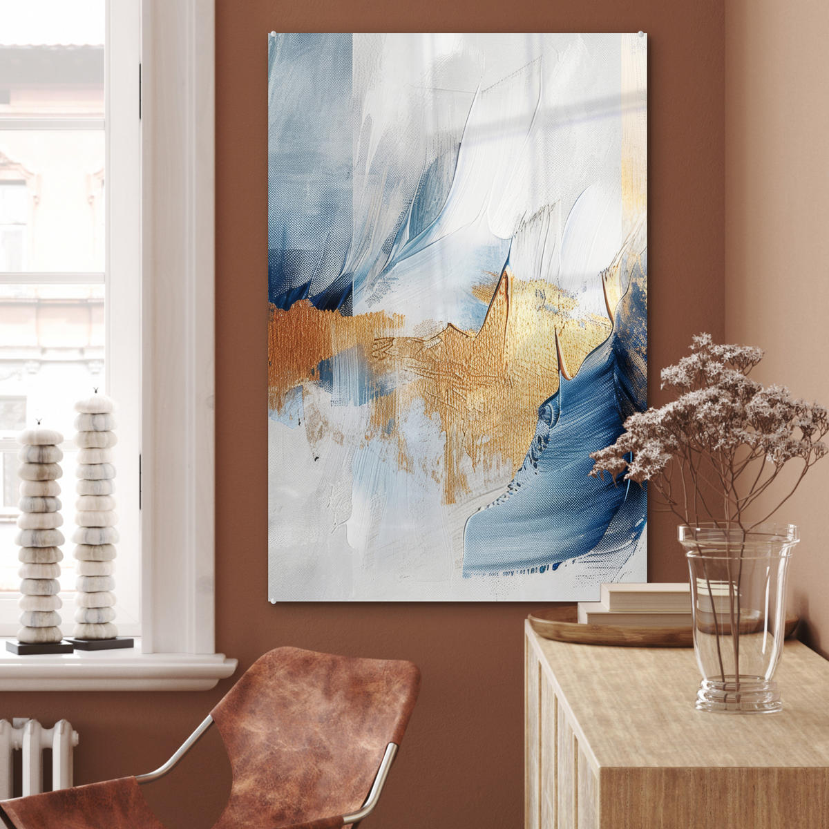 ACRYLGLASBILD Gold - Blau - Aquarell - Kunst - Modern 60x90 cm - Hellblau, Glas (60/90cm) - MuchoWow