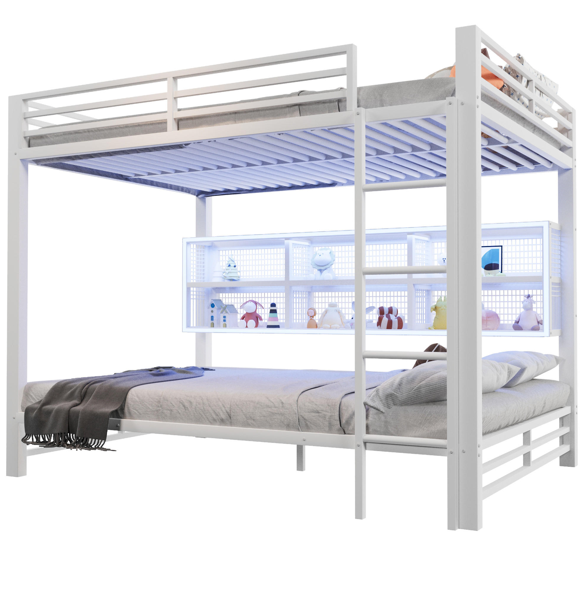 ETAGENBETT 140/200 cm aus Metall mit 6 Stauraumschränken und LED-Beleuchtung - Weiß, Metall (140/200cm) - BEAOK
