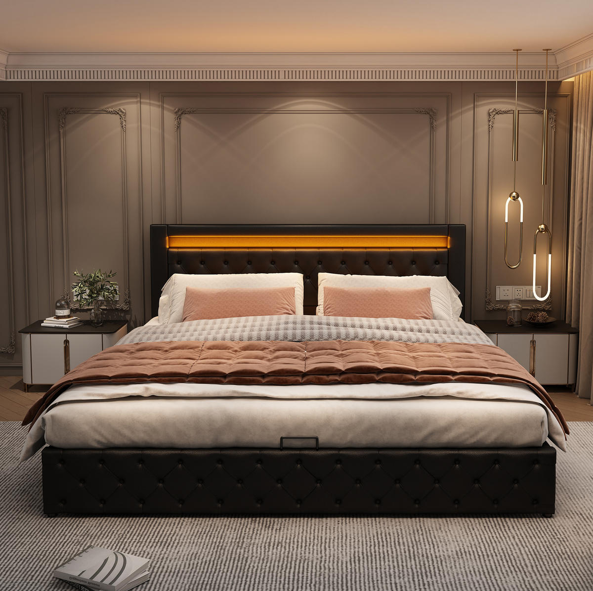 POLSTERBETT mit Bettkasten und LED 180x200 cm PU Black - Schwarz, Metall (180/200cm) - Meubliv