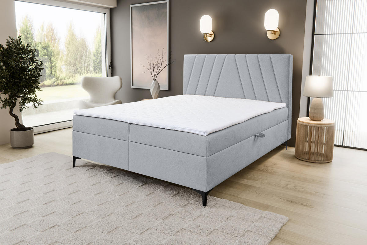 BOXBETT CAPRI mit 2 Bettkästen, Maße: 160x200 cm, Farbe: Grau, Velourstoff, mit Bonell-Matratze inkl. Topper - Grau, Holz/Kunststoff (160/200cm) - VENASI MÖBEL