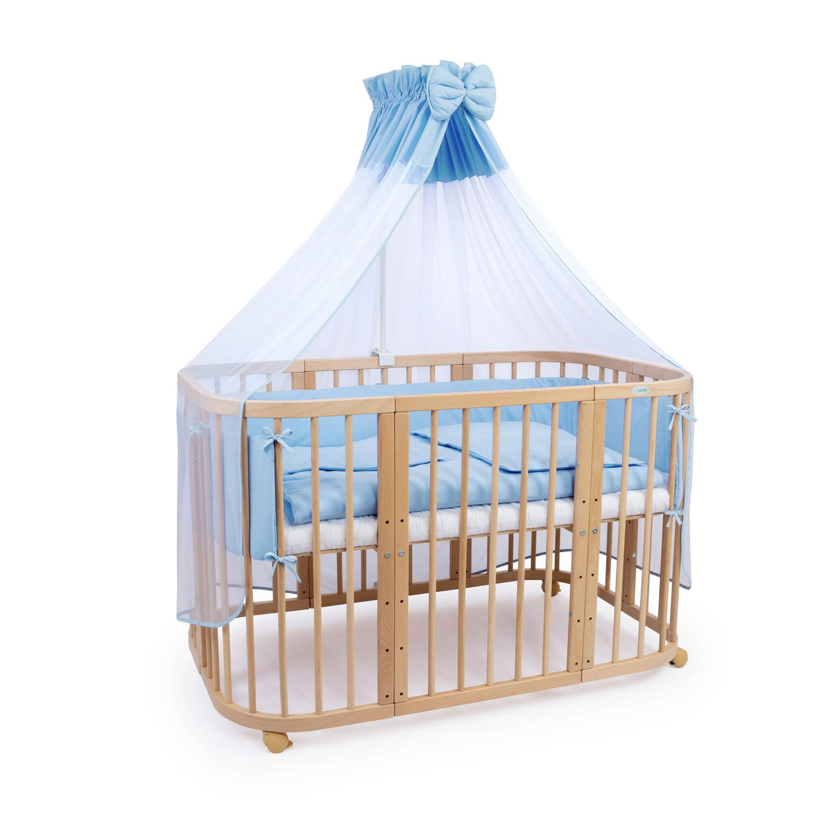 BABYBETT NATUR, 7in1 mit Matratze - Blau/Naturfarben, Holz (73/123cm) - waldin
