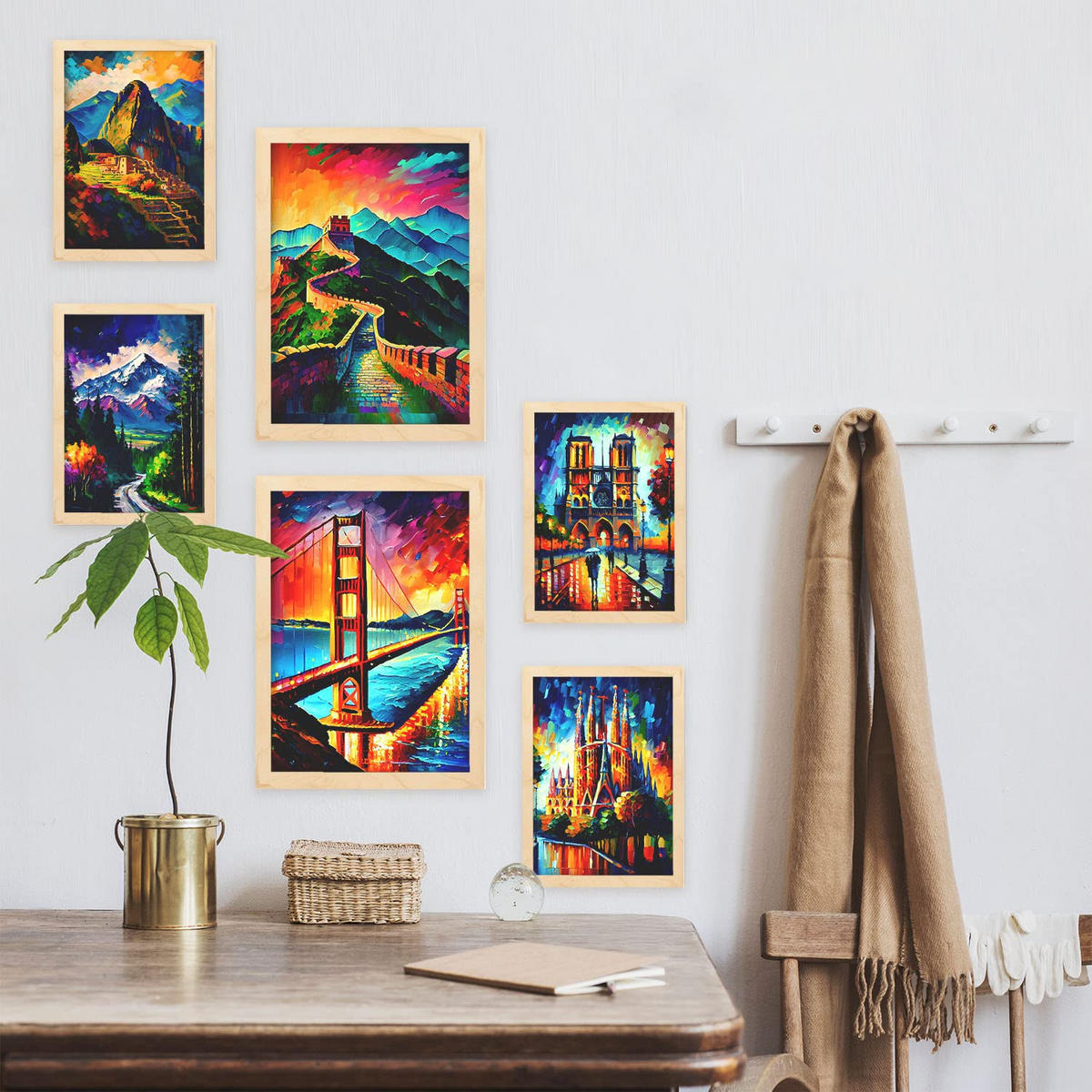 POSTER Set Mit 6 Weg Im Ölgemälde Stil A3 & A4 Rahmen Aus Hellem Holz - Beige, Papier (29/3cm) - Nacnic