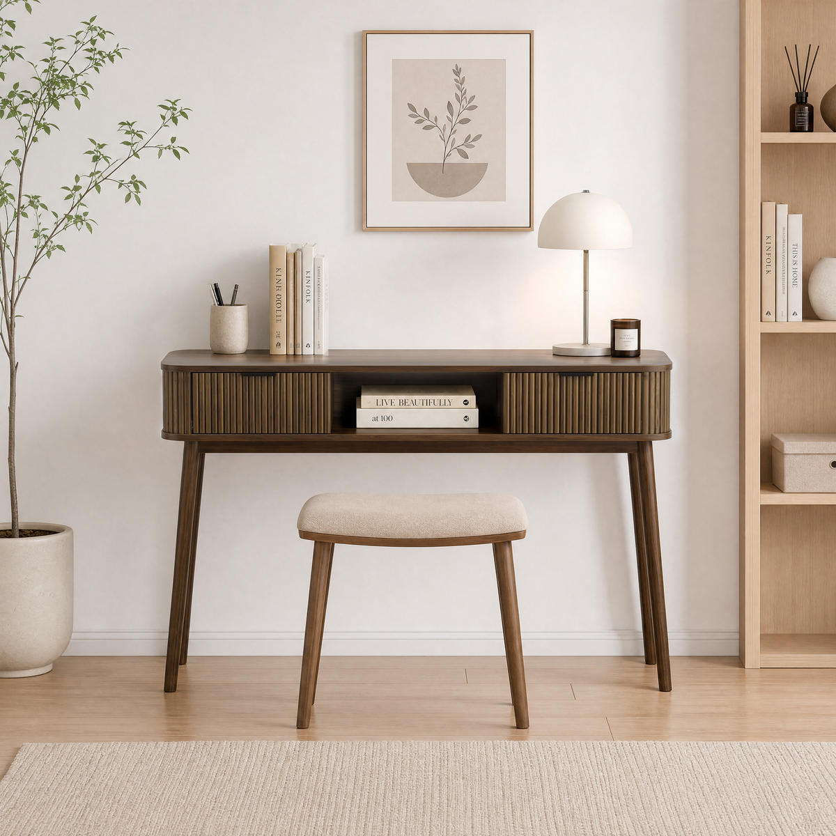KONZOLOVÝ STOLEK Mid-century se 2 zásuvkami, ořechový dekor - barva vlašského ořechu, kompozitní dřevo (35/120/77.6cm) - Urban Meuble