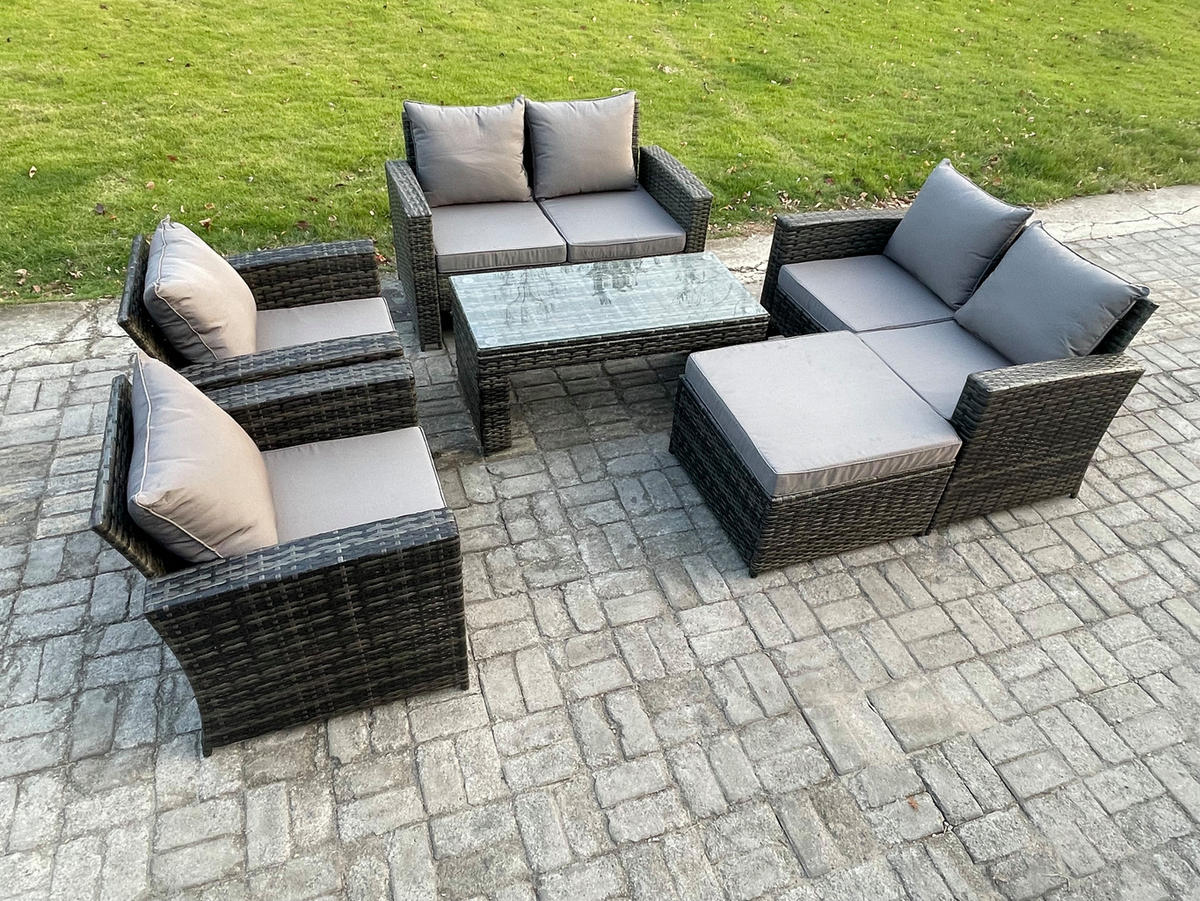 GARTENMÖBEL-SET mit Kissen Polyrattan Dunkelgrau 7-Sitzer - Dunkelgrau, Metall - Fimous