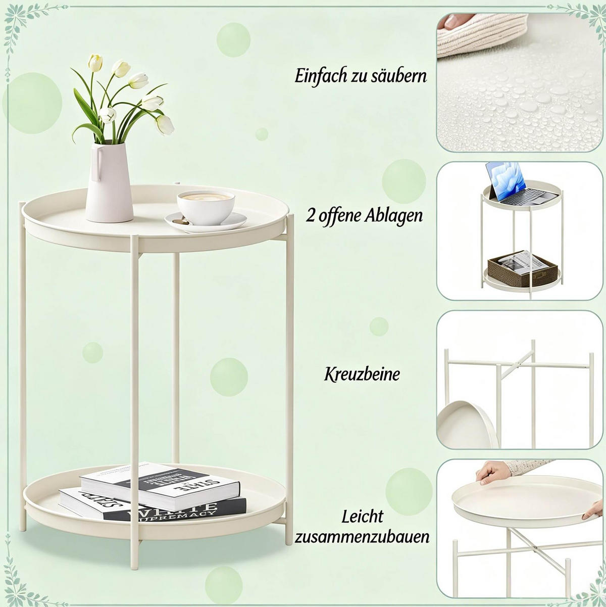 BEISTELLTISCH aus Metall 44x44x53 cm Cremeweiß mit 2 abnehmbaren Ablagen - Creme, Metall (44/44/53cm) - IVMEU