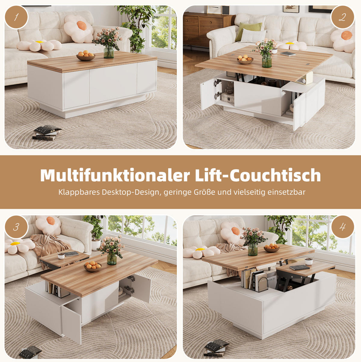COUCHTISCH aus Spanplatte 100x50x55,5 cm in Weiß mit 2 Hebeplatten - Weiß, Holzwerkstoff (100/50/55.5cm) - Modfu