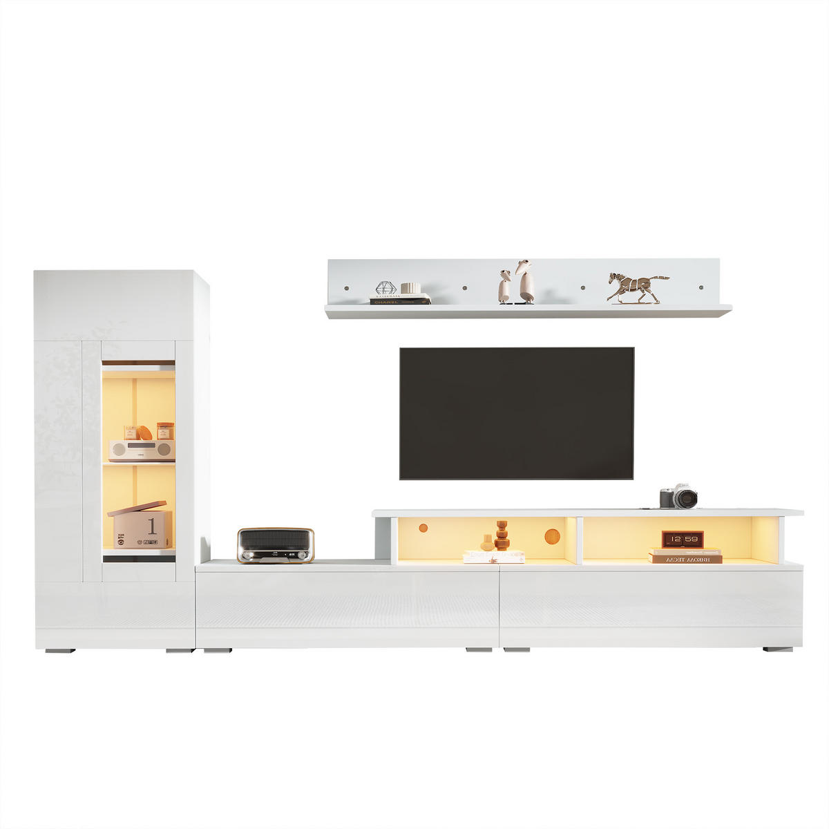 WOHNWAND DE-40403 3-teilig mit LED und Hochglanz Weiß - Weiß, Holzwerkstoff (170/45/35cm) - ComfortXL