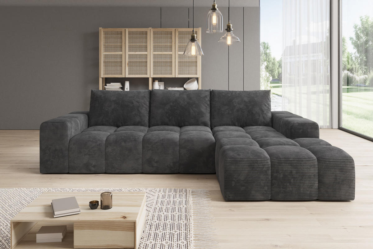 ECKSOFA Cento, L-Form, Ottomane Rechts, Cordstoff, 285x56x180 cm, Dunkelgrau - Dunkelgrau, Holz (285/180cm) - PROMETO Möbel