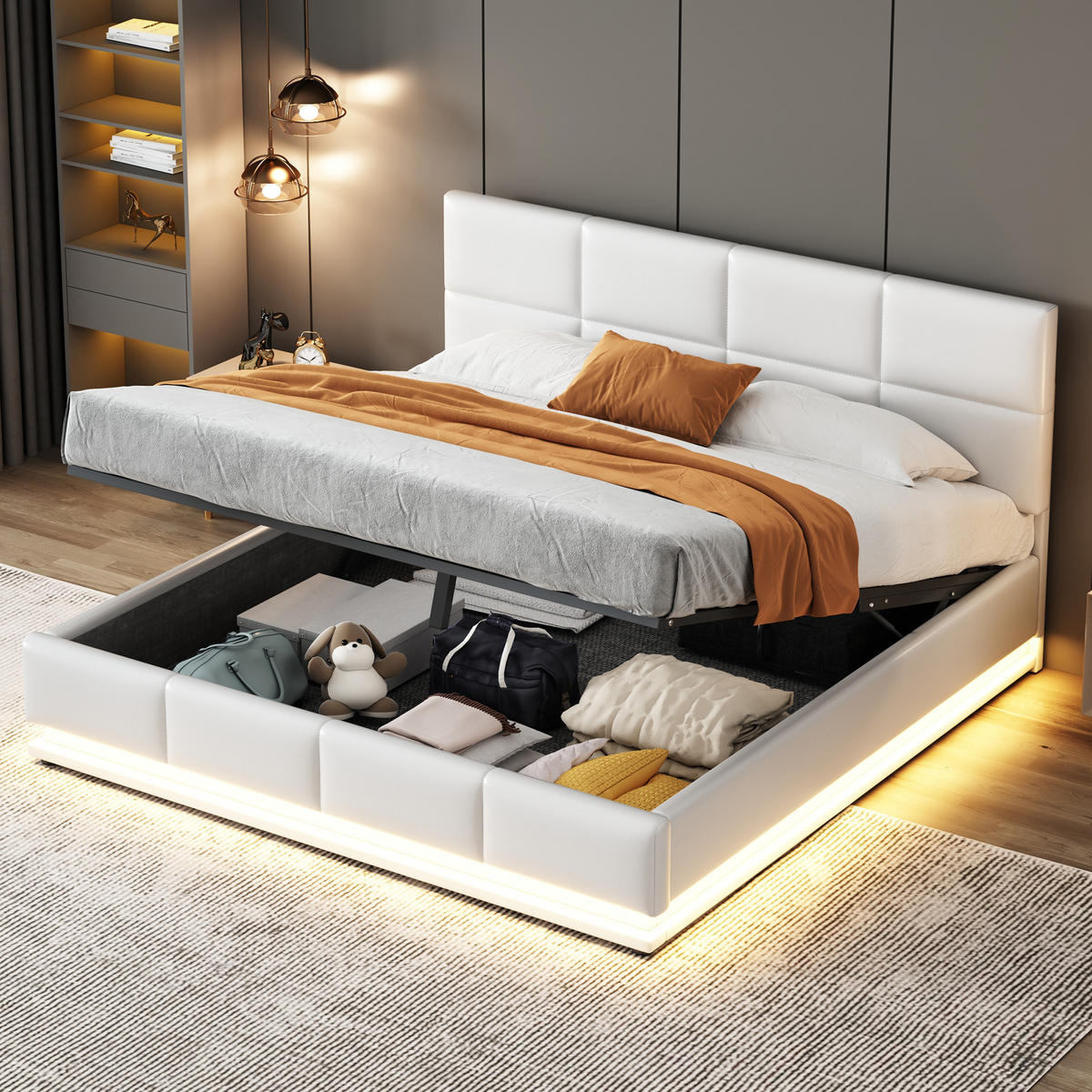POLSTERBETT 160/200 cm Weiß mit LED und hydraulischem Stauraum (ohne Matratze) - Weiß, Textil (160/200cm) - Oxeza