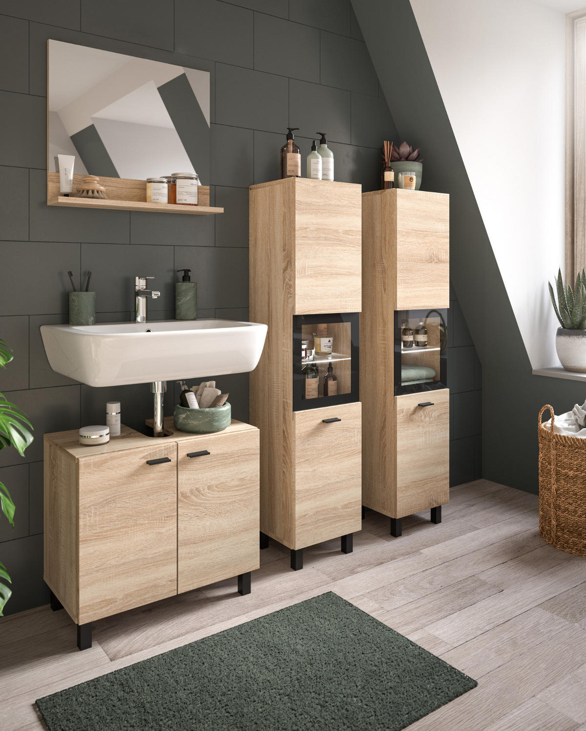 BADMÖBEL-SET Eiche 2-teilig 57 cm, Kombination hängend oder stehend - Eichefarben, Glas/Holzwerkstoff (57/186/33cm) - Inn.Furn