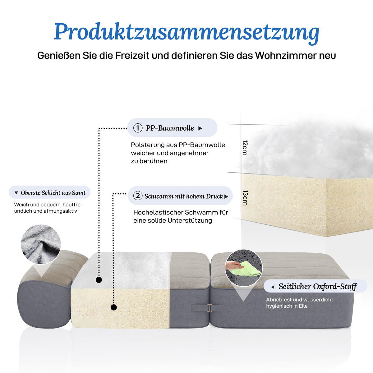 SITZSACK Faltbar Modular Samt grau - Multicolor, Textil (76/82/76cm) - Vercart