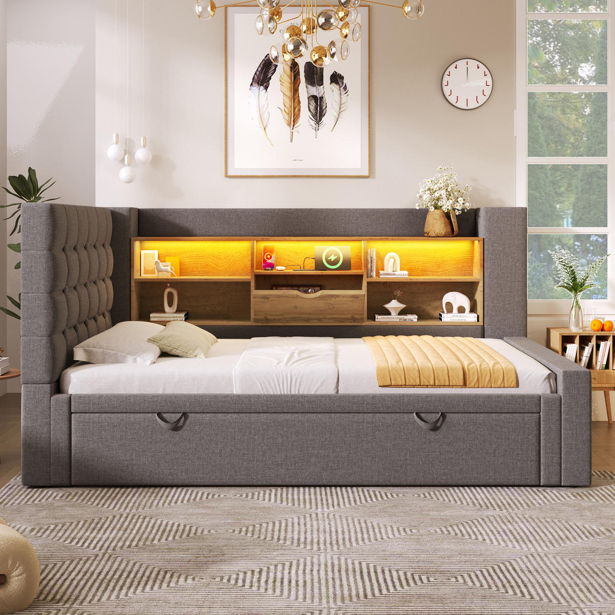 POLSTERBETT 90/200 cm & 90/190 cm in Grau mit Ausziehbett, Stauraum, LED und USB Stoff - Grau, Holzwerkstoff/Textil (90/200cm) - STILVORA