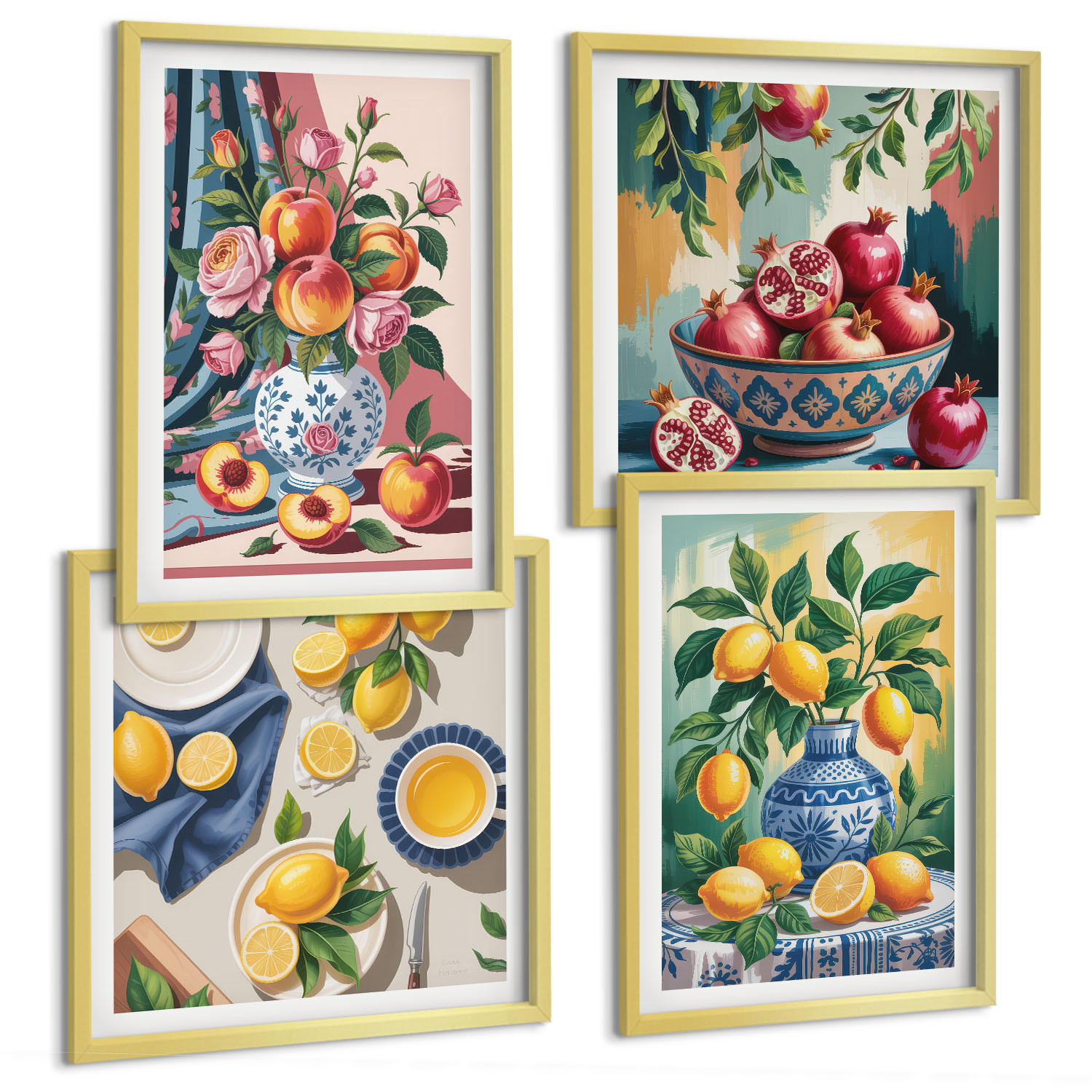 BILDER SET 4er Set - 50x50 cm & 40x60 cm Goldrahmen - Blumen und Früchte in Vasen - Goldfarben, Kunststoff (50/50cm) - TULUP