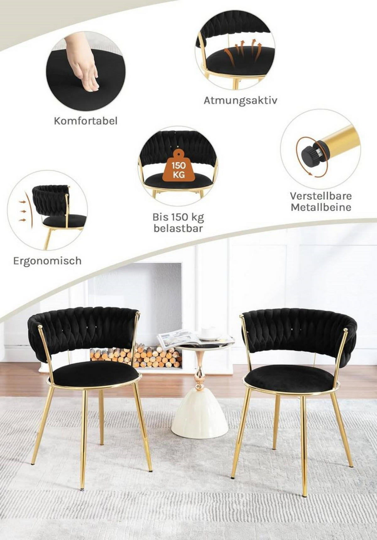 ESSZIMMERSTUHL 2er Set mit gewebter Rückenlehne, Samt, Schwarz - Schwarz, Kunststoff/Textil (56.5/74.5/53cm) - Woltu