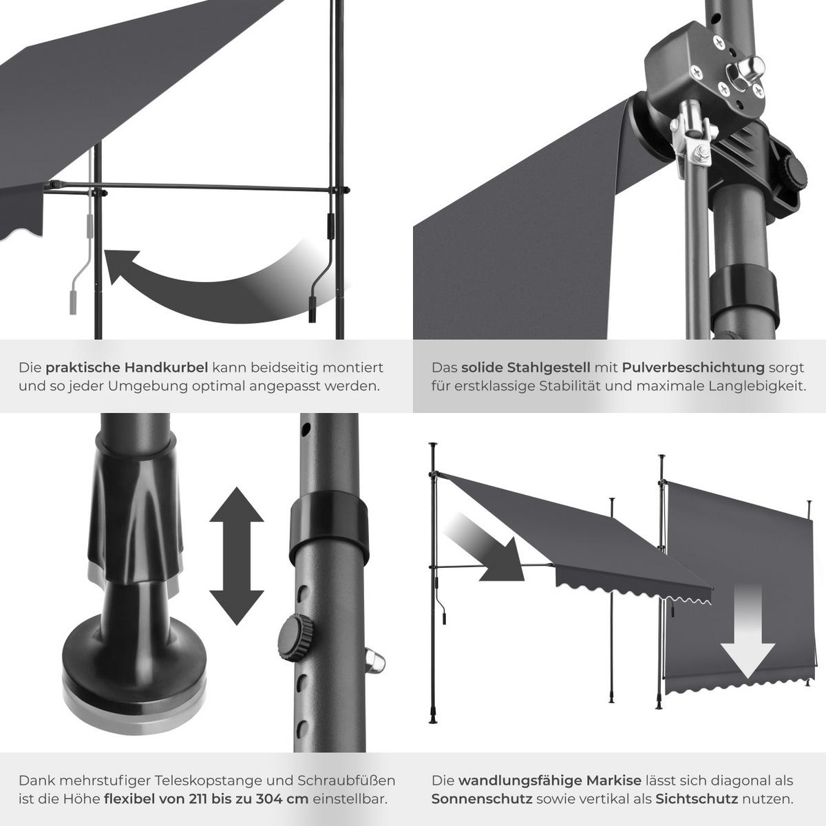 KLEMMMARKISE ,einfache Montage,schwarz/grau - Schwarz/Grau, Kunststoff (250/304/180cm) - tectake
