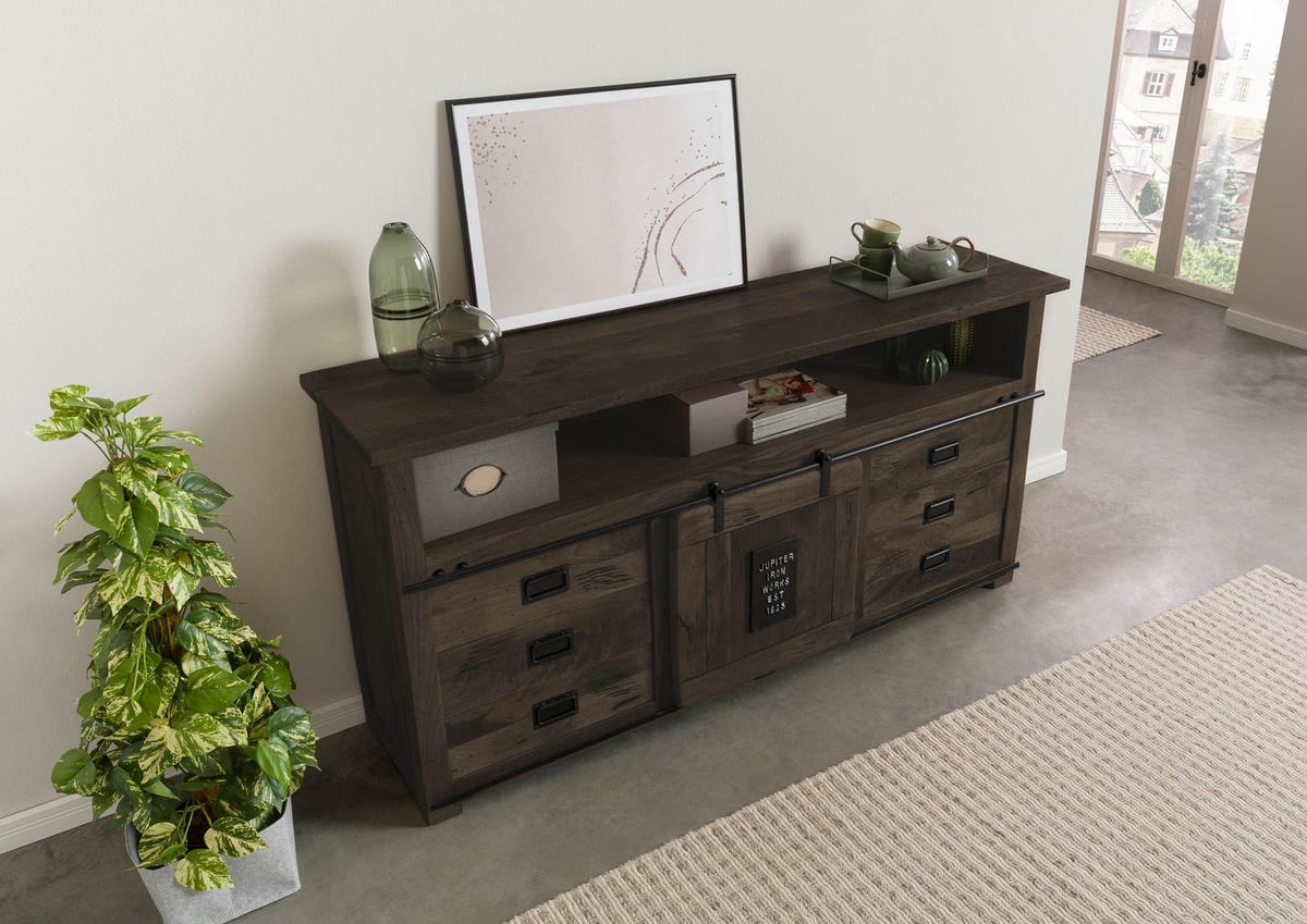 SIDEBOARD Mango 180x45x90 grau lackiert RAILWAY #267 - Grau, Holz (180/90/45cm) - Massivmoebel24