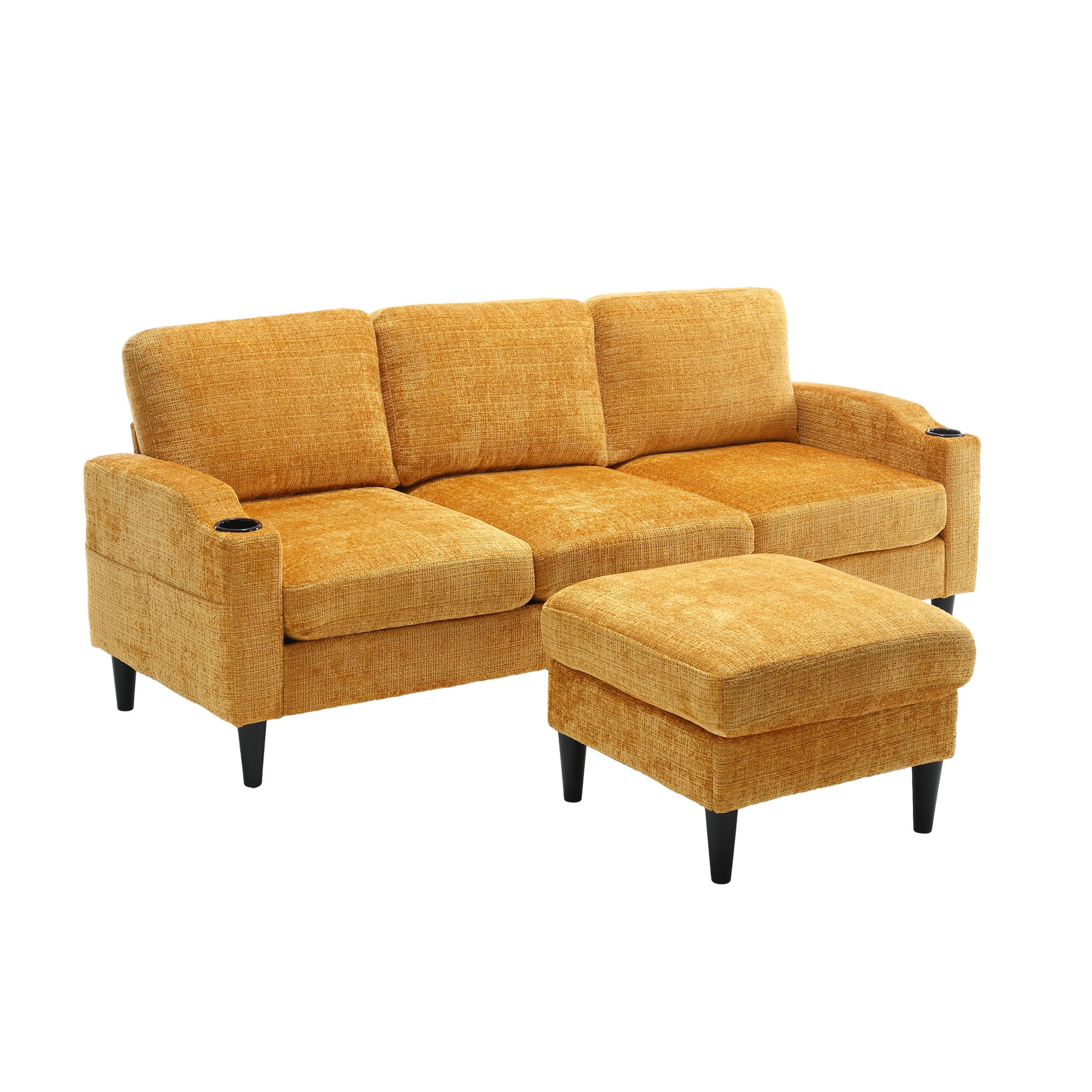 ECKSOFA mit Stauraumhocker, Getränkehaltern und Seitentaschen sowie flexibel kombinierbarer Gestaltung - Gelb, Textil (196.5/75cm) - EVRYAE