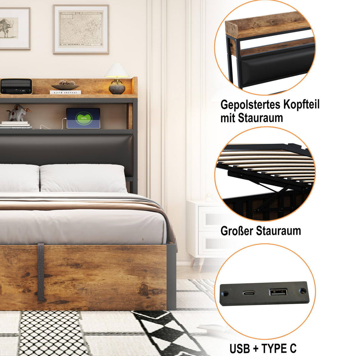 POLSTERBETT 180/200 cm Schwarz aus Metall, Holz und Stoff mit Stauraum und USB - Schwarz, Metall (180/200cm) - OKMYHOME