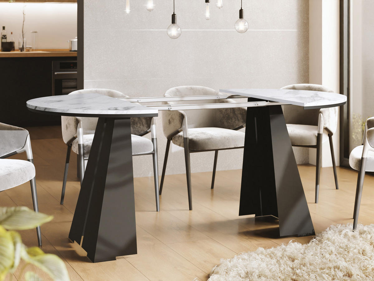 ESSTISCH Kova runder ausziehbarer, Marmor Weiß 120-200/120/76 cm - Ecru/Schwarz, Holzwerkstoff/Metall (120/120/76cm) - WFL GROUP