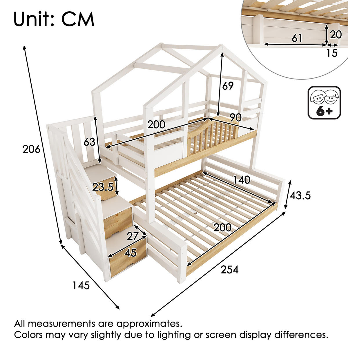 ETAGENBETT 90/200 cm & 140/200 cm in Weiß & Holzfarbe mit Treppenschrank und Regalen - Weiß, Holz/Holzwerkstoff (140/200cm) - WISHDOR