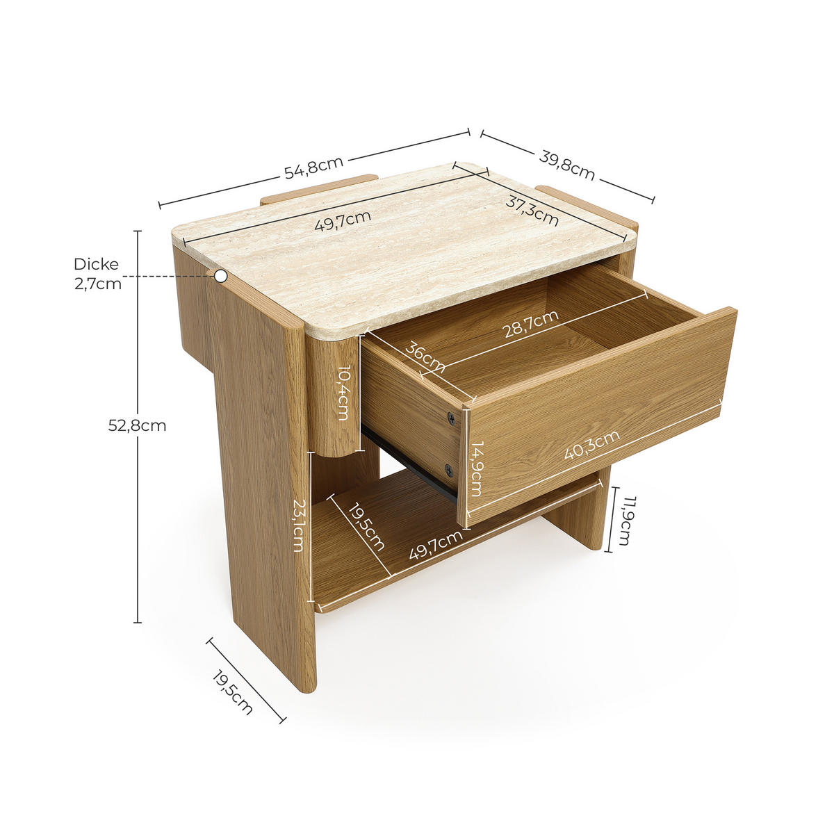 NACHTTISCH Modern mit Marmoroptik, Eiche, MDF | B55 x T40 x H53 cm - Eichefarben, Holz (55/53/40cm) - Hometopia