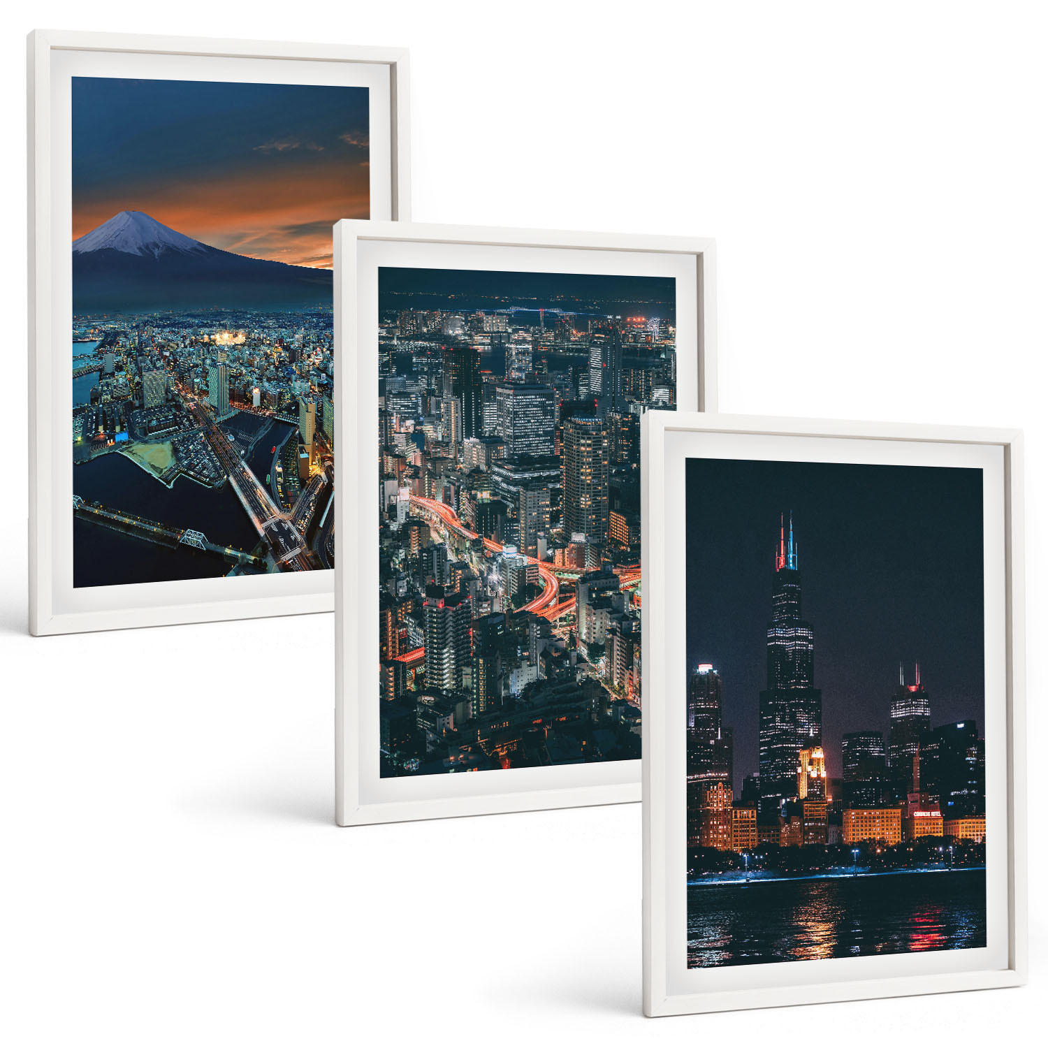 BILDER SET 3er Set - 40x60 cm Weißer Rahmen - Bergpanorama der Stadt bei Nacht - Weiß, Kunststoff (40/60cm) - TULUP
