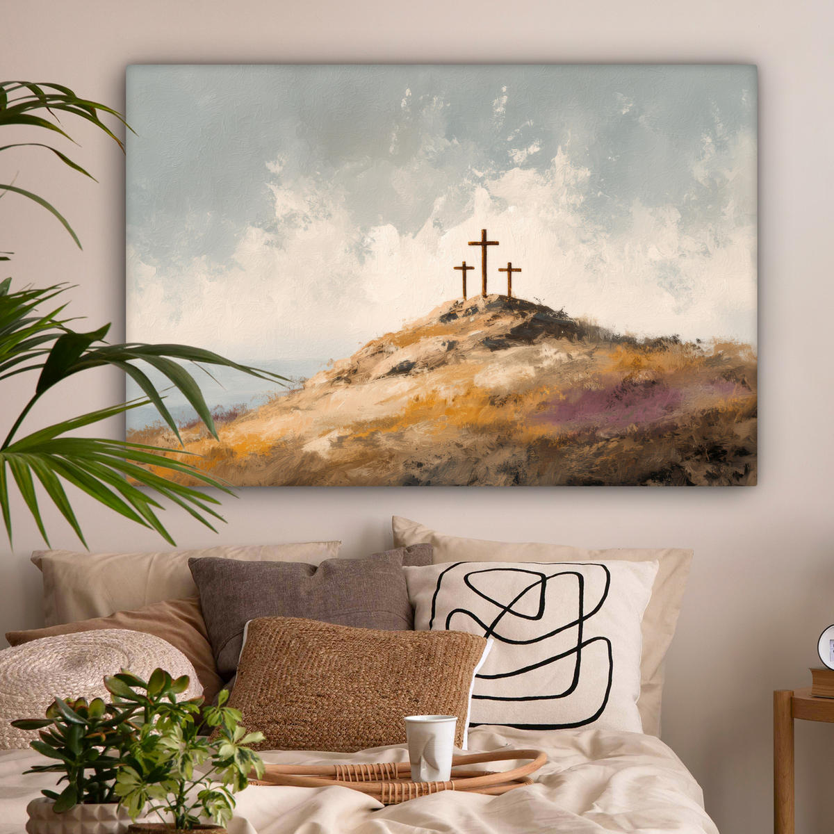 LEINWANDBILD Hügel - Abstrakt - Christentum - Kreuz Groß 140x90 cm - Hellgrau, Textil (140/90cm) - MuchoWow