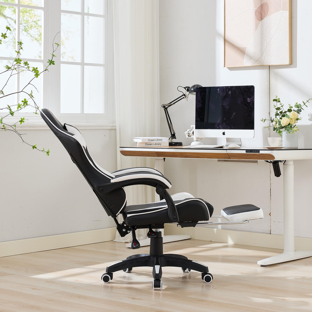 DREHSTUHL B64 / T58 / H116.5-126 cm,, Rennsport‑Design, höhenverstellbar & neigbar, mit Fußstütze,Weiß - Weiß, Kunststoff (58/116.5/64.5cm) - Redom