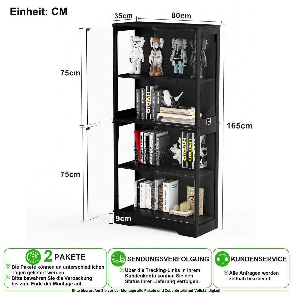 GLASVITRINE in Schwarz 80/35/165 cm aus MDF und Glas mit LED-Beleuchtung, Glastüren und Stauraum - Schwarz, Glas/Holzwerkstoff (80/165/35cm) - CHICFURN