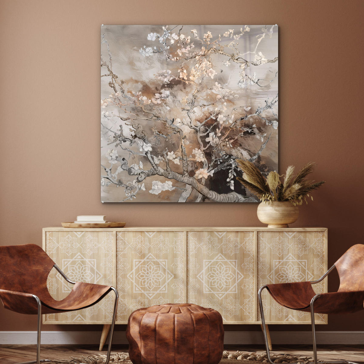 ACRYLGLASBILD Mandelblüte - Kunst - Van Gogh - Beige - Abstrakt 90x90 cm - Braun, Glas (90/90cm) - MuchoWow