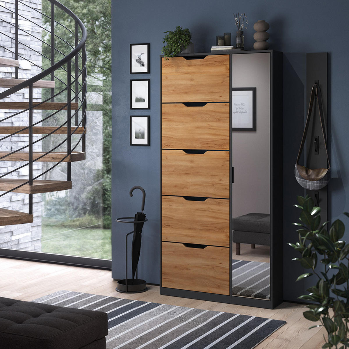SCHUHKIPPER Luca, Anthrazit/Goldkraft Eiche, 90 x 180.5 cm mit 5 Kippfächern & Spiegel - Honigeiche/Anthrazit, Holzwerkstoff (90/180.5/22cm) - Vicco