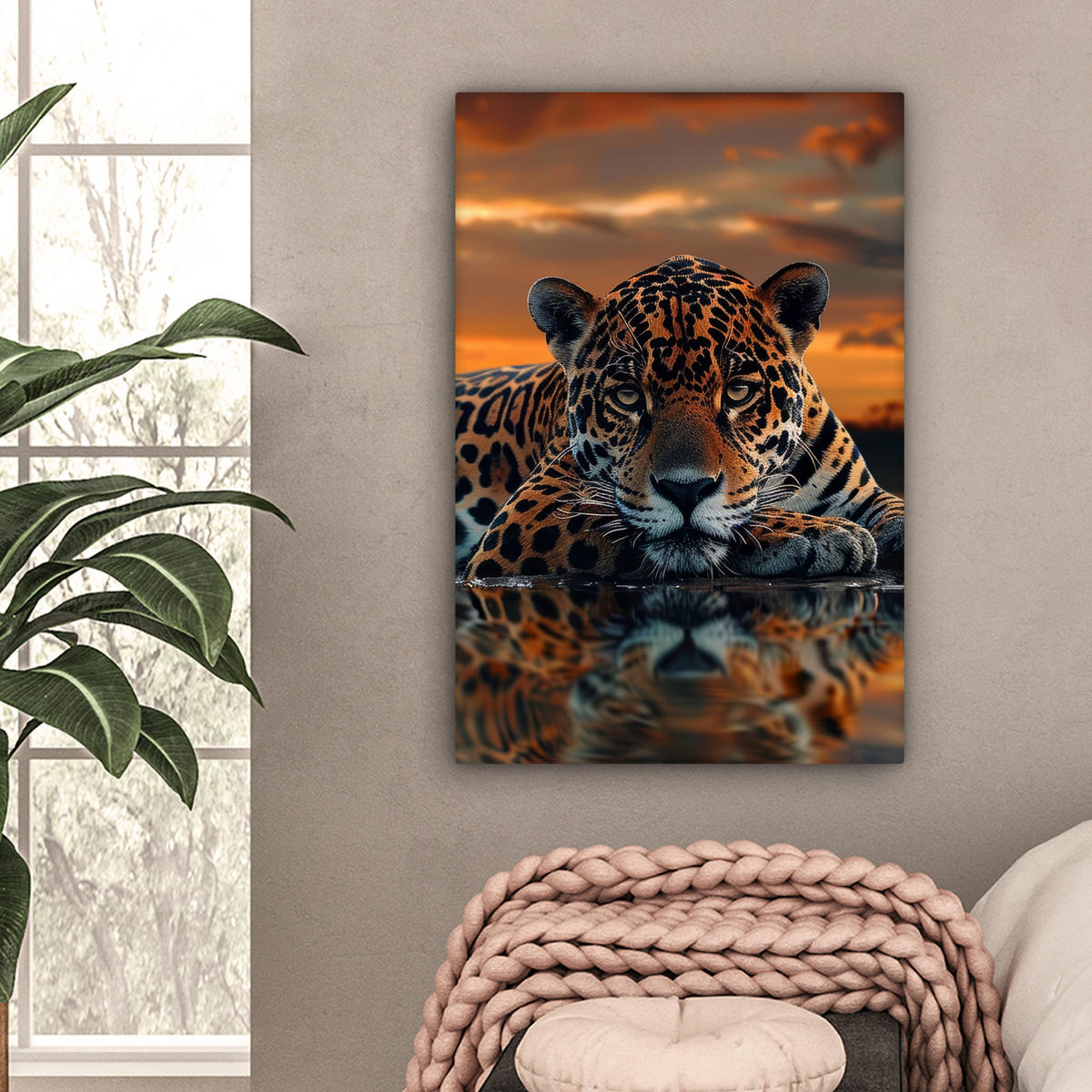 LEINWANDBILD Natur - Leopard - Tier - Sonnenuntergang - Modern Wanddeko 40x60 cm - Orange, Textil (40/60cm) - MuchoWow