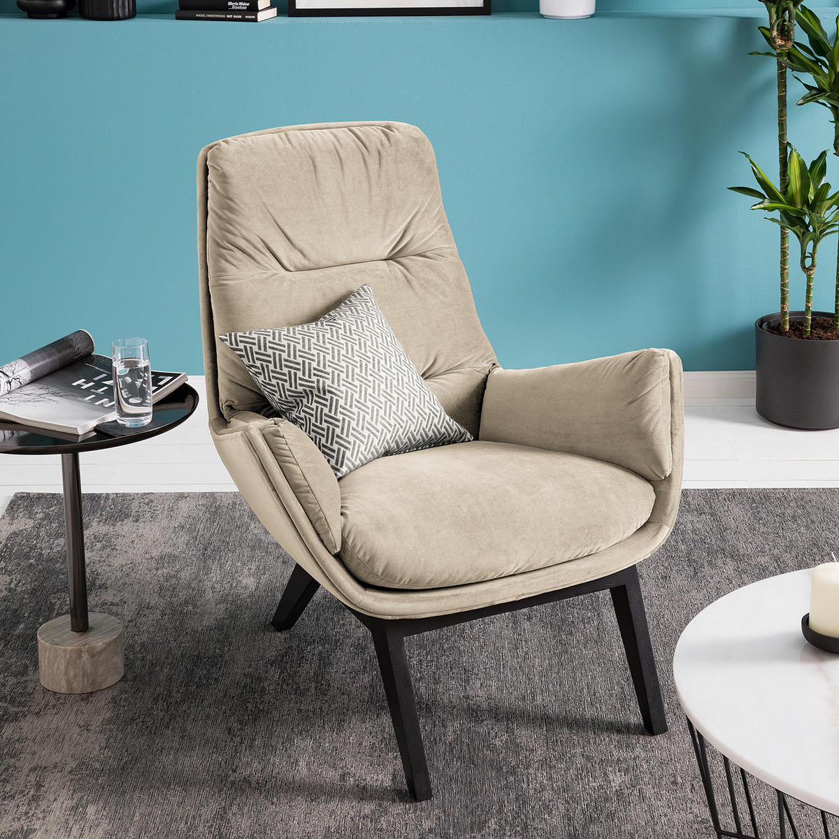 SESSEL mit Holzfüßen - Beige/Schwarz, Eichenholz/Textil (83/95/97cm) - home24