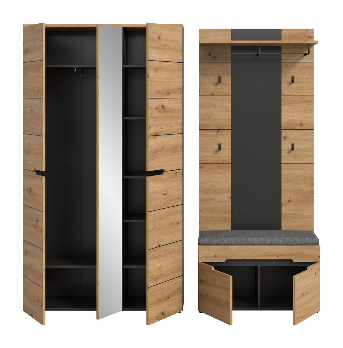 GARDEROBEN-SET CANU 4.tlg. (B/H/T: ca. 200/190/37 cm) in Basalt grau/Artisan Nachbildung - Grau, Holzwerkstoff (200/190/37cm)