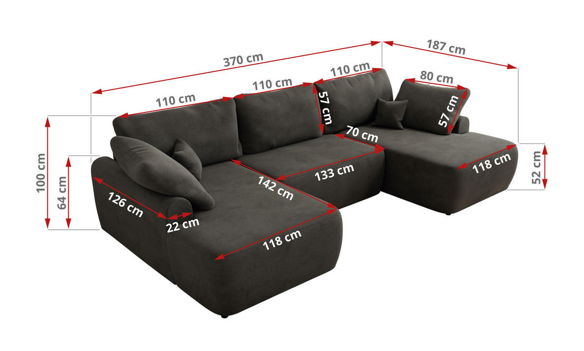 WOHNLANDSCHAFT CUBO U Dunkelgrau Velvet - Dunkelgrau/Schwarz, Kunststoff/Textil (370/100/187cm) - MKS