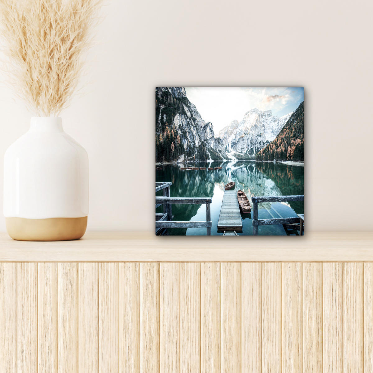 LEINWANDBILD Natur - Berge - Schnee - Wald - Boot 20x20 cm - Hellgrün, Textil (20/20cm) - MuchoWow