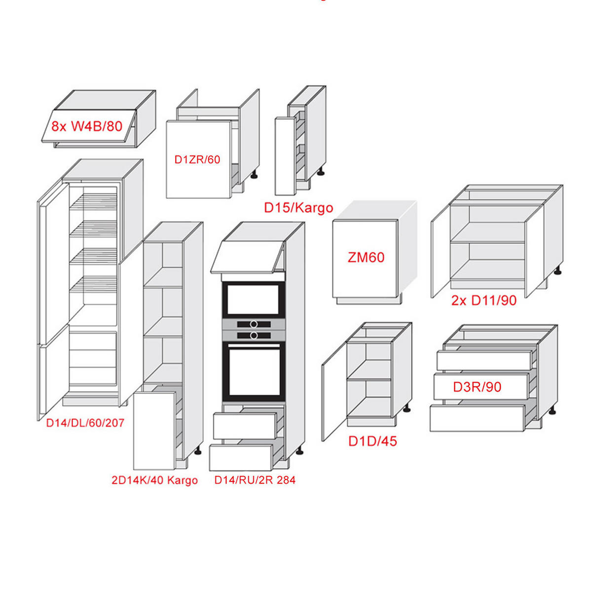 KÜCHENLEERBLOCK Platinium weiß matt / weiß Hochglanz & schwarz Hochglanz 18-teilig - Schwarz/Weiß, Holzwerkstoff/Metall (320/207/225cm) - Feldmann-Wohnen