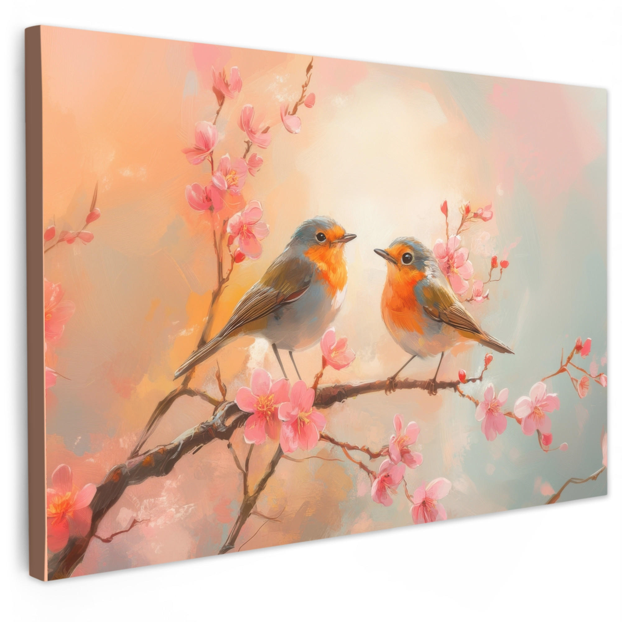 LEINWANDBILD Rotkehlchen - Zierpflanze - Blütenzweig Wohnzimmer 120x80 cm - Hellrosa, Textil (120/80cm) - MuchoWow