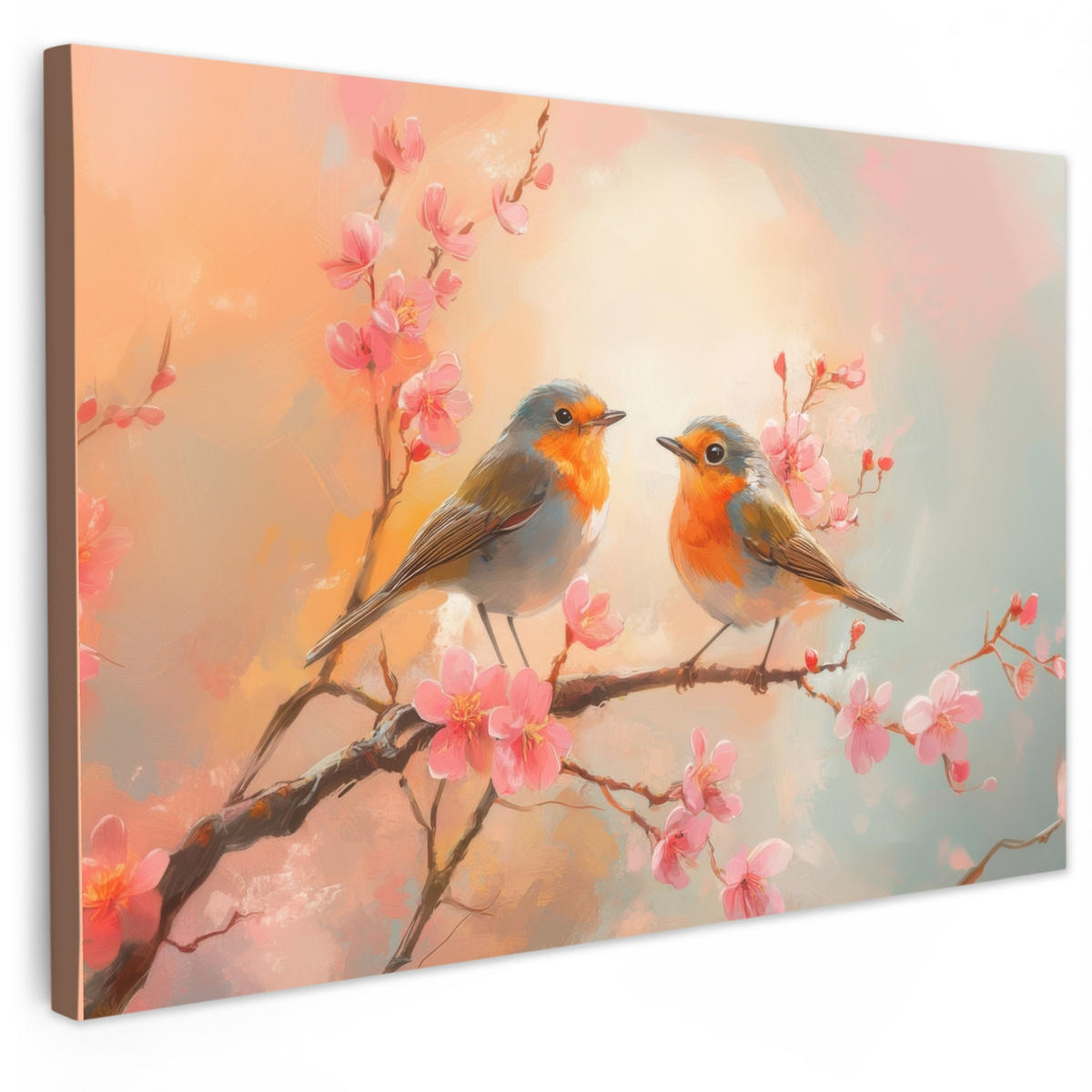 LEINWANDBILD Rotkehlchen - Zierpflanze - Blütenzweig Wanddeko 90x60 cm - Hellrosa, Textil (90/60cm) - MuchoWow